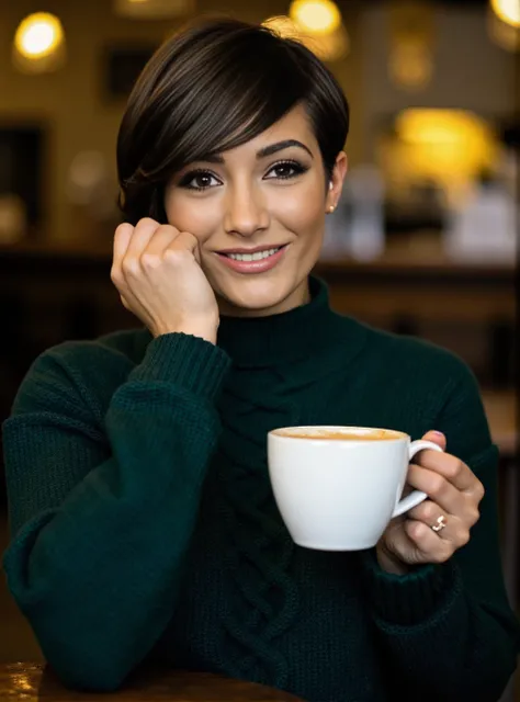 A professional photograph of a 23yo woman Frankie wearing a dark green cableknit sweater in a cafe, holding a latte. Very short dark hair, pixie cut, light make-up, detailed skin, bokeh, female focus, (SFW), smile <lora:Frankie_Bridge_nee_Sandford:1>