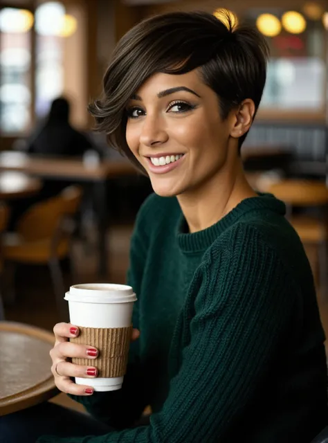 A professional photograph of a 23yo woman Frankie wearing a dark green cableknit sweater in a cafe, holding a latte. Very short dark hair, pixie cut, light make-up, detailed skin, bokeh, female focus, (SFW), smile <lora:Frankie_Bridge_nee_Sandford:1>