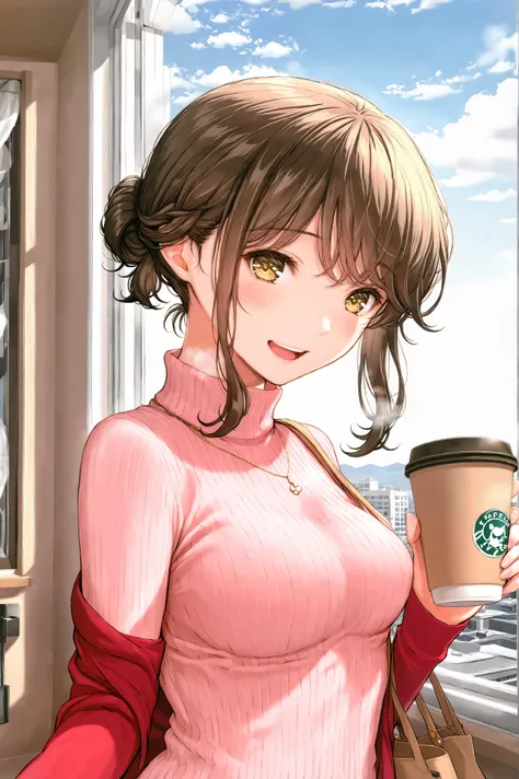 masterpiece,best quality,1girl,solo,absurdres,
1girl,solo,cup,smile,disposable cup,holding cup,holding,open mouth,sweater,breasts,jewelry,looking at viewer,necklace,brown eyes,coffee cup,upper body,brown hair,turtleneck,:d,blurry,blush,braid,long sleeves,w...