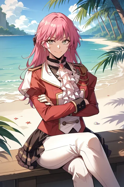 score_9, score_8_up, score_7_up, source_anime, Chr_Adeline, grey eyes, pink hair, red military uniform, white ascot, juliet sleeves, black open skirt, white pants, cowboy shot, looking at viewer, smile, beach, solo, 1girl, trees, midday, sitting, crossed a...