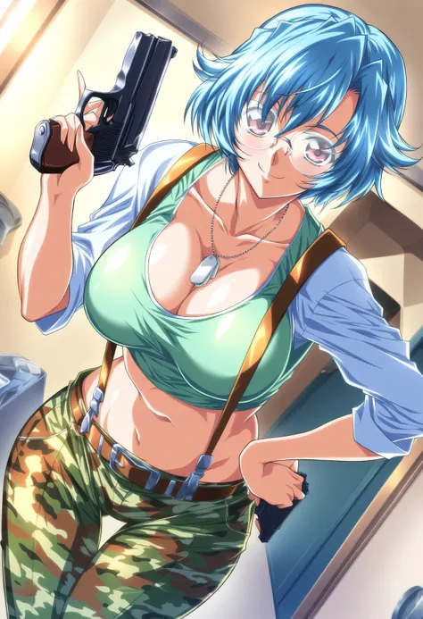 masterpiece, best quality, high quality, aesthetic, absurdres, insanely detailed,
1girl, solo, handgun, large breasts, rimless glasses, cleavage, dog tags, light blue hair, camouflage pants, belt, tank top, navel, hand on hip, midriff, dutch angle, holding...