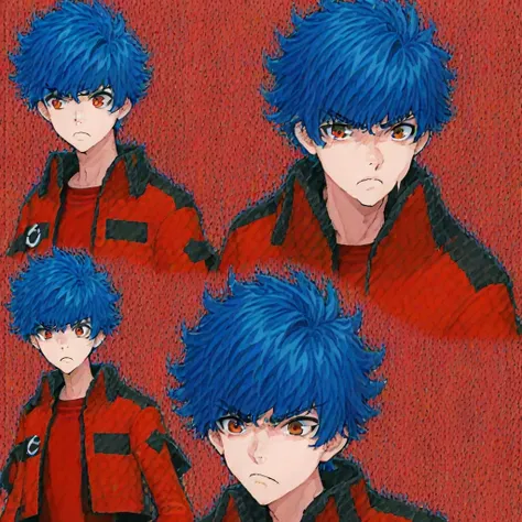 black trousers, dark blue hair, eclipse gundam in background, arms by sides, side view, 1boy, solo, slight frown, head tilted to one side, red tshirt under jacket, tatsumi_hori, , determined expression, red tshirt, cheerful expression