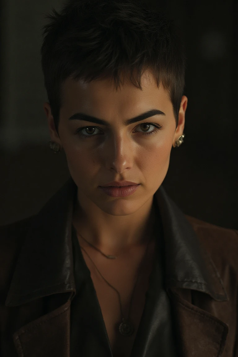 realistic film poster, Poster of camilbflx, a woman with short stylish hair, her look inspired from vikings, A close-up shot focuses on the face. conveys a sense of grit and power, cinematic lighting, dramatic look, sexy attire