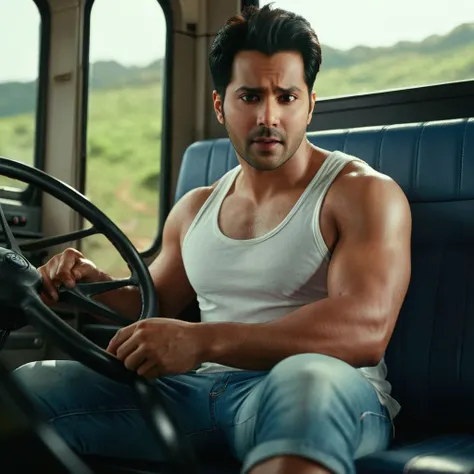 low camera shot, varun dhawan a man <lora:varun_dhawan:0.7> , rugged,detailed face, sitting legs crossed inside cabin lorry, legs dangling, wearing tank top, sunlight, barefoot, masterpiece,8k,depth of field, bokeh, detailed,sharp focus,,elegant, cinematic...