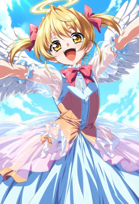 masterpiece, best quality, high quality, aesthetic, absurdres, insanely detailed,
1girl, solo, halo, twintails, dress, wings, blonde hair, yellow eyes, smile, sky, angel, see-through, open mouth, short twintails, short hair, cloud, spread arms, day, bow, w...