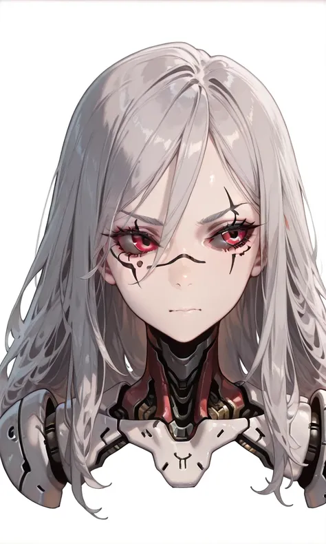 masterpiece,best quality,amazing quality,very aesthetic,absurdres,newest,impactful picture,offcial art,alchilia01f1, 1girl, solo, red eyes, black sclera, colored sclera, transparent background, grey hair, mechanical eye, cyborg, artificial eye, simple back...