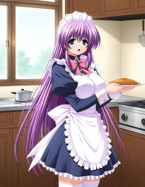 general,highres, ultra-detailed,very aesthetic,best quality ,best hands,  BREAK <lora:Mikado_Shizuru_IS:1> Mikado_Shizuru, 1girl, purple hair, long hair, blue eyes, maid, large breasts, maid headdress, apron, frills, 
solo, thighhighs, zettai ryouiki, wind...