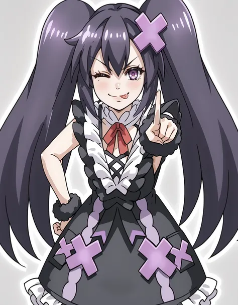 (1girl, solo) <lora:frezero:0.7> frezero, black_hair, long_hair, twintails, dress, purple_eyes, x_hair_ornament, black_dress, ribbon, frills,  one_eye_winking, big_smile, pointing_at_viewer, tongue_out, playful, standing, hand_on_hip, leaning_forward,