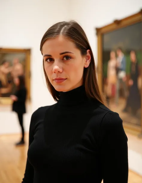 woman, caprice, Standing in a modern art museum wearing a black turtleneck,  <lora:caprice:1>