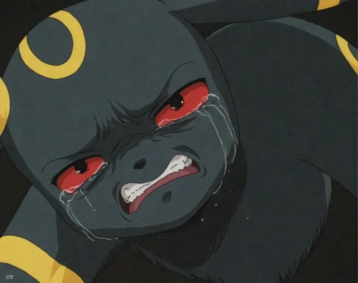 masterpiece, best quality, anime screencap, 2000s (style), retro artstyle, 1980s (style), ghibli studio, umbreon, crying, ugly cry, beg, looking at the viewer 