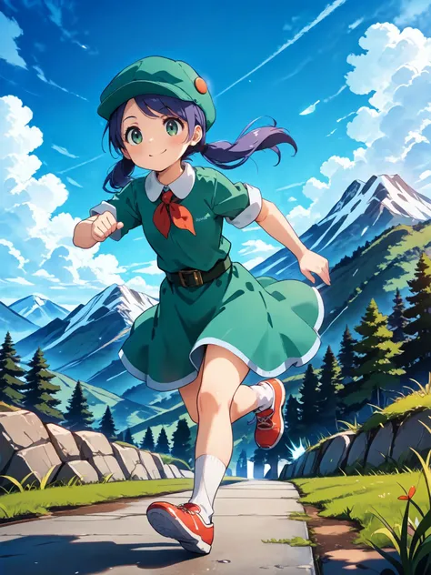 masterpiece,best_quality,1girl,solo,green eyes,<lora:picnicker dppt_illustriousXL:0.8>,picnicker dppt,hat,neckerchief,green dress,belt,socks,shoes,full body,running,smile,grass,blue sky,mountain,