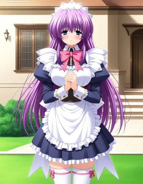 general,highres, ultra-detailed,very aesthetic,best quality ,best hands,  BREAK <lora:Mikado_Shizuru_IS:1> Mikado_Shizuru, 1girl, purple hair, long hair, blue eyes, maid, large breasts, maid headdress, apron, frills, game cg style,
 solo, thighhighs, bow, ...