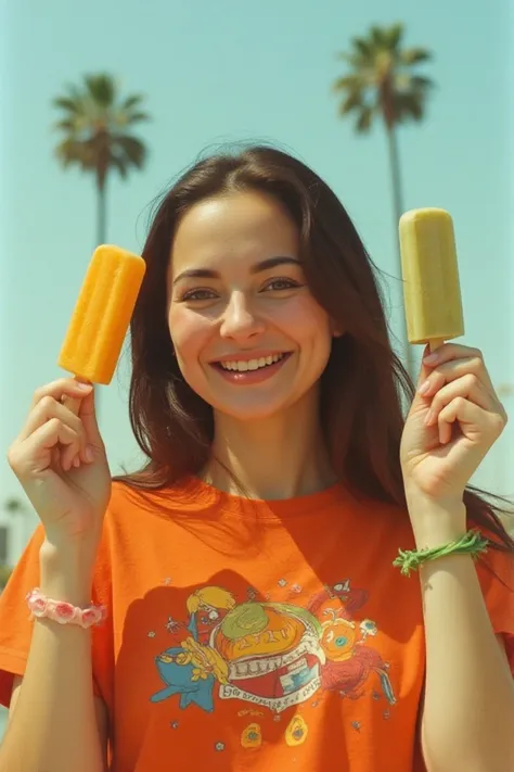 Analog kodak colour Photo of haniaaflx, A close-up shot of a woman with long brown hair, wearing an orange t-shirt with a colorful design on the front. She is holding popsicles in both her hands. Both her hands are raised up to show the popsicles. The woma...