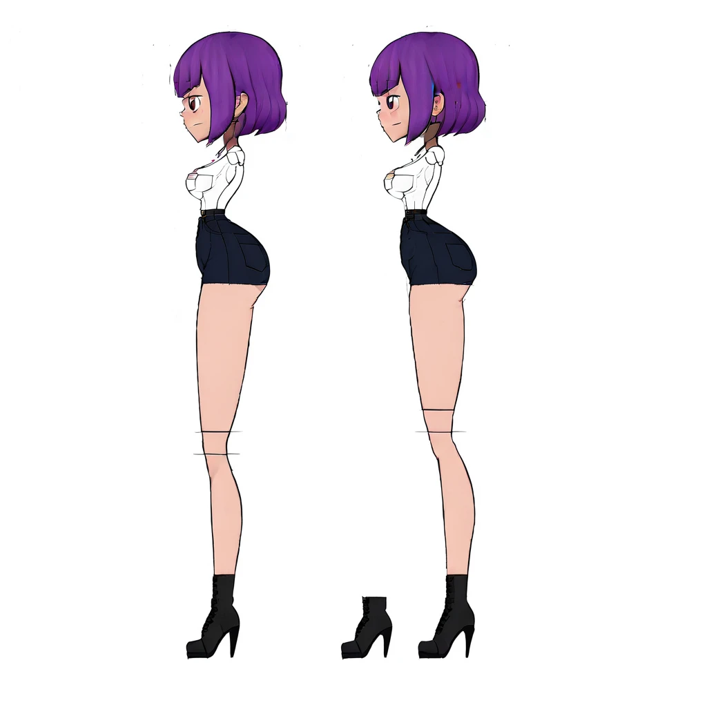 boots, full body, breasts, high heels, large breast, short shorts, shorts, shirt, profile, white background, solo, short hair, black footwear, purple hair