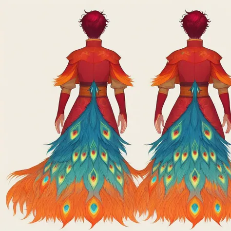 red hair, from behind, peacock tail, red pants, Front view, boots, phoenix garb, profile, suzaku, short hair, Side view, standing, facing away, pants