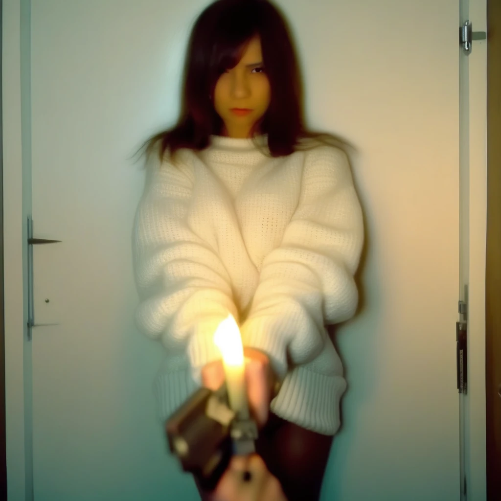 candle, censored, white sweater, pubic hair, on back, holding weapon, door, long sleeves, pov, clothes pull