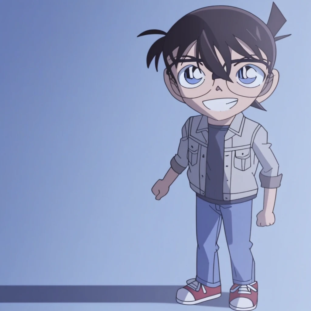 glasses, male focus, brown hair, male child, blue eyes, 1boy, solo, bangs, short hair, child, black-framed eyewear, hair between eyes, looking at viewer, official style, standing, full body, shirt, jacket, open clothes, open jacket, black shirt, pants, col...