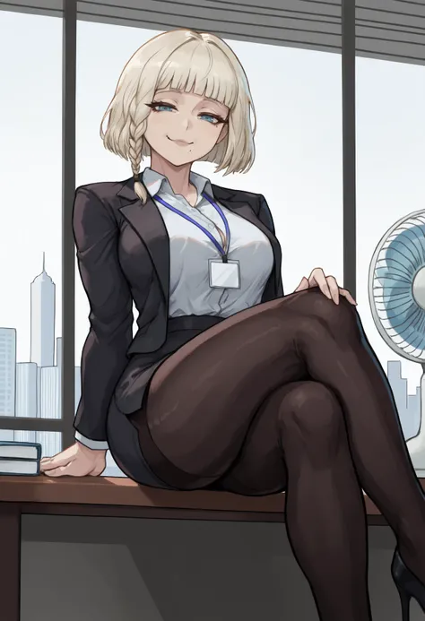 masterpiece, best quality, toned, masterpiece, best quality, toned, 1girl, blue eyes, short hair, blonde hair, side braid, blunt bangs, bob cut, mole under eye, mole under mouth, 
shnht,  
office lady, black pantyhose looking at viewer, smug, toned, sittin...