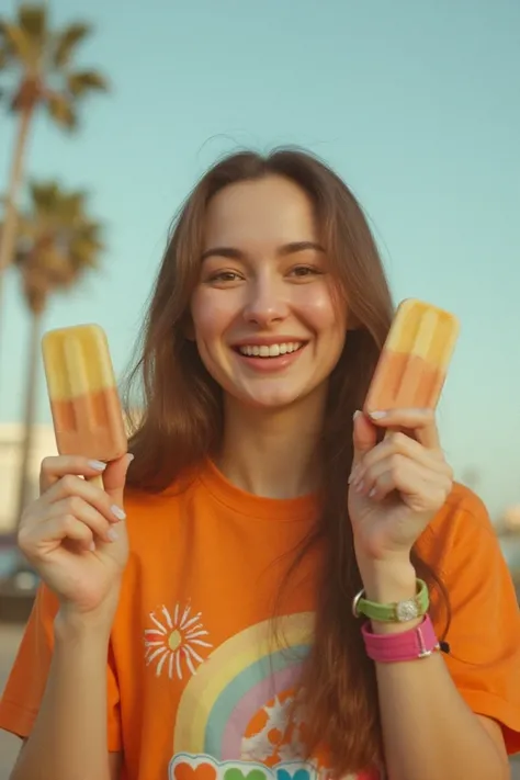 Analog kodak colour Photo of haniaaflx, A close-up shot of a woman with long brown hair, wearing an orange t-shirt with a colorful design on the front. She is holding popsicles in both her hands. Both her hands are raised up to show the popsicles. The woma...