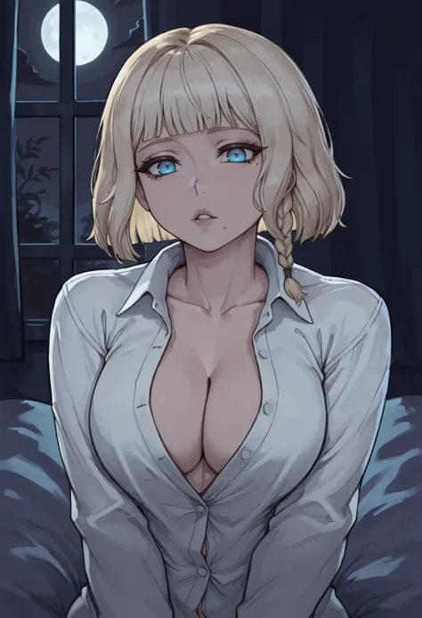 masterpiece, best quality, toned, masterpiece, best quality, toned, 1girl, blue eyes, short hair, blonde hair, side braid, blunt bangs, bob cut, mole under eye, mole under mouth, 
shnht,  
open shirt,looking at viewer, open clothes, cleavage, white shirt, ...