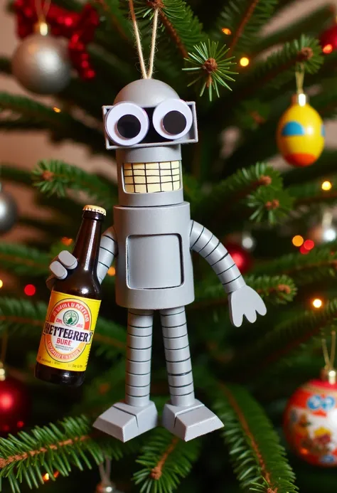 <lora:Homemade_Holiday_Ornamentizer_FLUX-000019:0.7>   
Photograph of a festive, whimsical, handmade Christmas decoration in the form of Bender holding a beer bottle, created using basic crafting supplies, hanging on a Christmas tree.