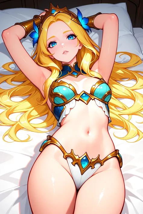 masterpiece, best quality, absurdres,
<lora:SmiteAphrodite:1.0>
SmiteAphrodite, 1girl, long hair, blonde hair, blue eyes, looking at viewer, looking at viewer, laying back, on bed, arms up