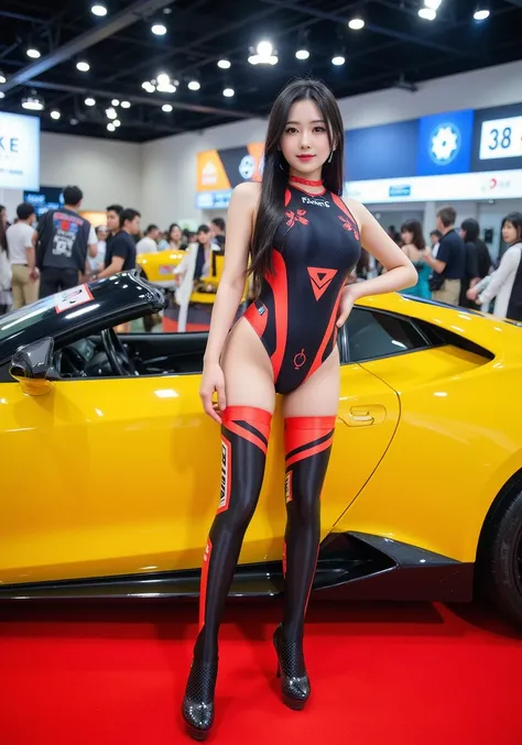 realistic,<lora:yayoi-lora-flux:0.7>,smiling,high quality,Photograph of a young japanese woman with long,straight black hair and fair skin,posing on a red carpet next to a shiny,yellow sports car at an indoor auto show. She wears a black crop top with red ...