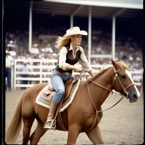 analog film photo  <lora:Jeri_Ryan:1> jeryan, jeri_ryan,  a blonde model in a fringed leather vest and jeans riding a bucking bronco mid-action at a lively rodeo. Her hair flies wildly under her cowboy hat as she holds onto the reins with determination. Ca...