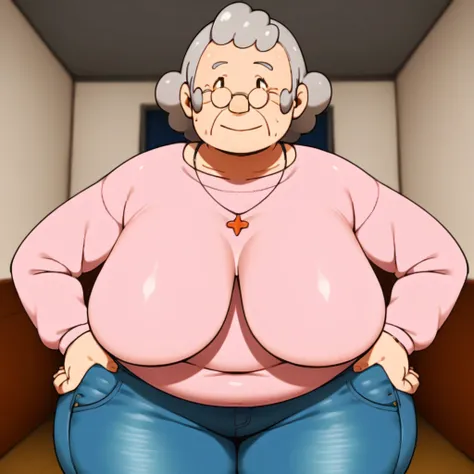 1girl, grey hair, short hair, glasses, round glasses, pink shirt, denim pants, jeans, large breasts, sagging breasts, wide hips, thick thighs, chubby, plump, fat, hands on hips, bent over, leaning towards viewer, upper body shot, half body shot