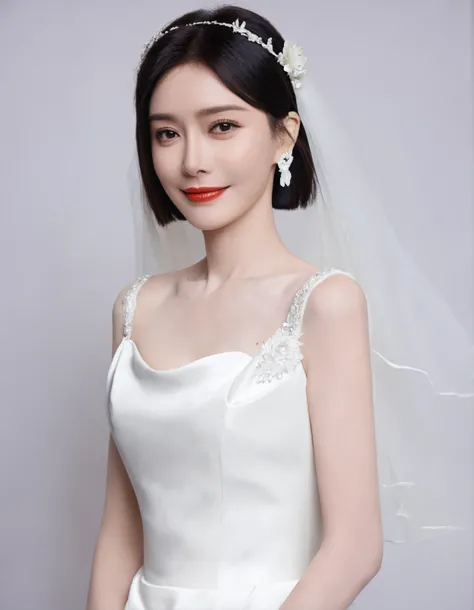 score_8_up,score_8,QINLAN,solo,upper body shot,body front,the frontal image features a young woman standing,She has short, dark hair,with a faint smile,refinde makeup,red lips,looking at viewer,white Gorgeous wedding dress with intricate design,wedding hai...