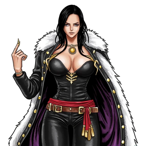 imposing female character in a dynamic pose, tall man with an imposing presence. He has long, sleeveless leather jacket with a white fur trim around the collar, ethereal setting. She is dressed in a dynamic, giving it a punk aesthetic., and stylized manner...