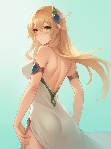 1girl, standing, looking back at viewer, uncensored, score 9 up, score 8 up,
cowboy shot,  <lora:1083_Artist_Style_PonyXL:1>,smile, long hair, blonde hair, hair between eyes, green eyes, blush, bare shoulders, large breasts, hair ornament,