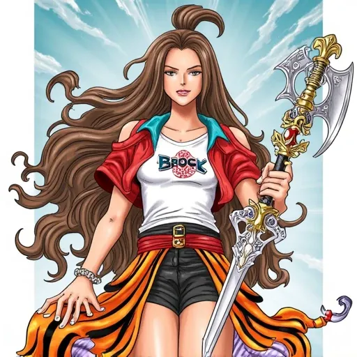 ornate sword with a white and red handle. She wears a red t-shirt with a stylized logo that reads "Brock" on it, giving it a punk aesthetic., dynamic digital drawing in a comic book style. The subject is a female character with a strong, a white shirt with...