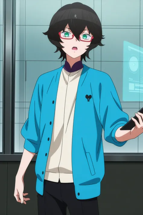 masterpiece, best quality, amazing quality, highres, absurdres, very aesthetic, high resolution, ultra detailed, perfect details, 1boy, solo, indoors, holographic monitor, ninomiya rui, short hair, black hair, hair between eyes, red-framed eyewear, semi-ri...