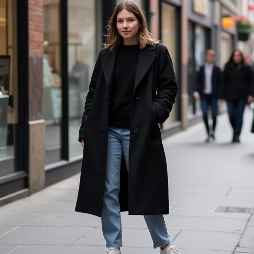 Photo of Louise_D standing. Louise_D is wearing a long black coat, light blue jeans, and modern sneakers. She is in a relaxed pose, with one hand in her pocket and the other slightly raised, as if waving. The background is a busy urban street with blurred ...