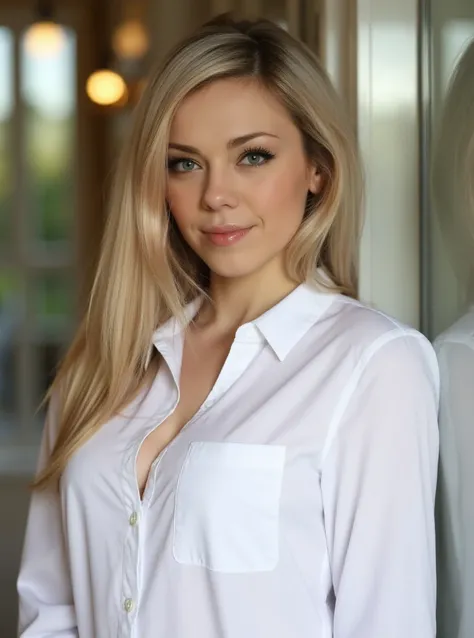 portrait of l3n4al0l4r woman, posing on a office, glass window, serene and warm, natural lighting, soft focus, high-resolution, elegant and introspective atmosphere, quiet sophistication, wearing a white shirt all buttons closed, slight smile, makeup

