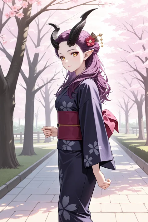 masterpiece, best quality, absurdres,
<lora:BGAlfira:1.0>
BGAlfira, 1girl, demon horns, purple hair, long hair, pointy ears, looking at viewer, walking in a serene Japanese park with cherry blossoms, yukata, and a hair ornament