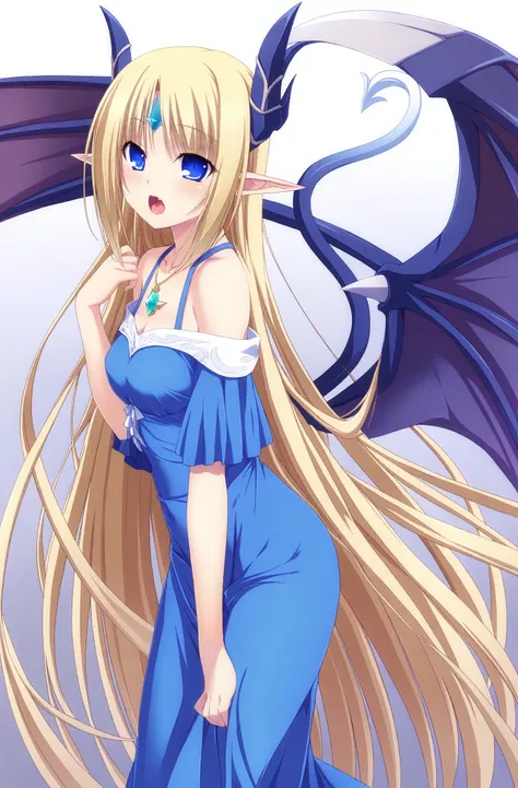 masterpiece, best quality, Dualtail, 1girl, solo, long hair, pointy ears, dress, open mouth, blue eyes, blonde hair, very long hair, wings, blue dress