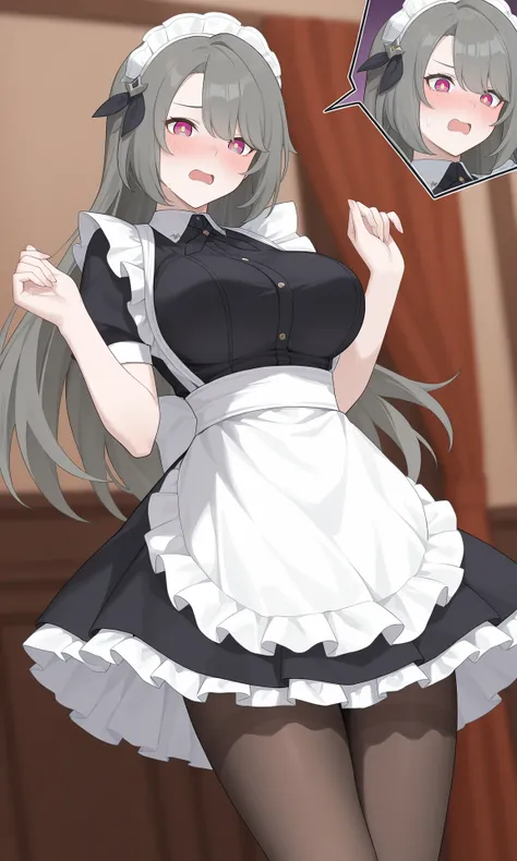 Vita,long hair,bangs,grey hair,purple eyes,yellow pupils,maid,pantyhose,<lora:Vita.IL.v4.7:0.75>,
expression,solo,
masterpiece,best quality,amazing quality,very aesthetic,absurdres,multicolored,colourful,