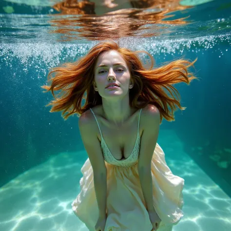 <lora:Minka_Kelly:1> minkak,ultra realistic, ultra defined textures, cinematic, a red hair woman submerged in crystal-clear water, her hair is floating and spread all over the scene, bubbles coming out of her mouth, her dress and hair floating weightlessly...