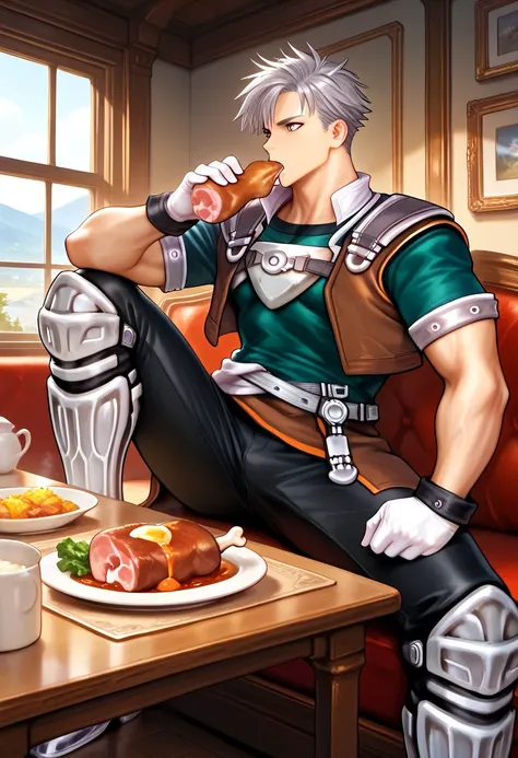 masterpiece, best quality, amazing quality, very aesthetic, absurdres, newest, natgra, 1boy, solo, adult, male focus, muscular, toned male, gray eyes, short hair, silver hair, steel greaves, plated footwear, brown skirt, black pants, (short sleeves, green ...