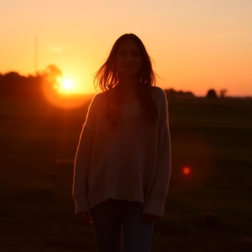 Photo of Louise_D outdoors at sunset. Louise_D is dressed in a cozy sweater and jeans. Her silhouette is illuminated by the warm light of a setting sun, creating a soft halo around her. The background is a blurred countryside landscape with trees and a sky...