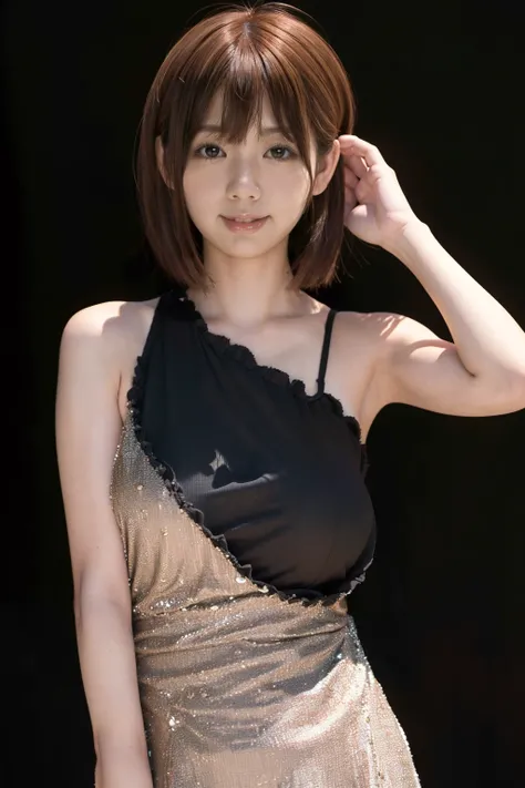 <lora:mayu_nozomi_kk:0.9>,1girl,smile,asian,brown eyes,breasts,brown hair,lips,long hair,looking at viewer,sundress,realistic,solo,upper body ((black background, simple background)),mayu nozomi,