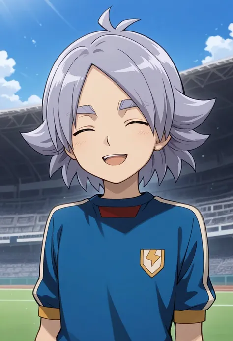 masterpiece, best quality, 
fubukishirou, male focus, solo, grey hair, parted bangs, closed eyes, sportwear, soccer uniform, inazuma japan soccer uniform, shirt, light blue shirt, short sleeves, smile, open mouth
outdoor,