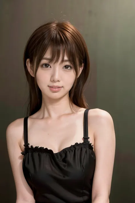 <lora:mayu_nozomi_kk:0.9>,1girl,smile,asian,brown eyes,breasts,brown hair,lips,long hair,looking at viewer,sundress,realistic,solo,upper body ((black background, simple background)),mayu nozomi,