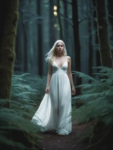 Dramatic photograph of Charlotte_Davis_P_MXAI_SDXL walking through a dreamlike mystical forest at night, wearing a flowing white dress, cinematic shot