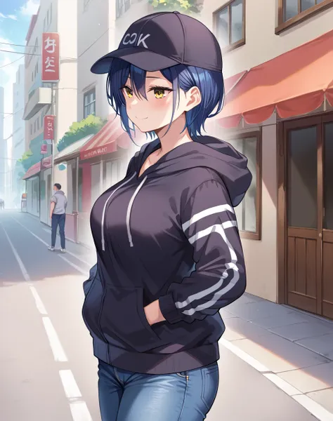 takane sora, blue hair, short hair, yellow eyes, breasts, black hoodie, jeans, hood down, baseball cap BREAK outdoors, city street BREAK cowboy shot, shy smile, cool look, neutral face, from side, looking at side, hands in pockets BREAK score_9, score_8_up...