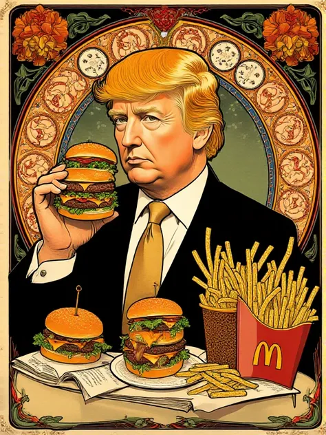 <lora:Art_Nouveau_Style:0.9> art nouveau style, Donald Trump holds a burger. burgers, fries, mcdonalds logo. Text says "Stable Genius"