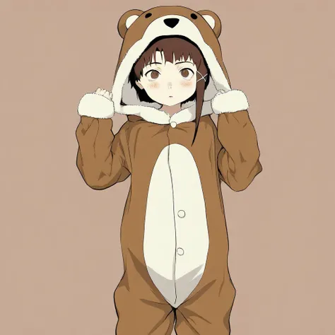 photogenic, masterpiece, 1440p, 8k, UHD, amazing quality, high resolution, Iwakura-Lain, 1girl, animal costume, solo, bear costume, hair ornament, x hair ornament, brown eyes, asymmetrical hair, brown hair, looking at viewer, short hair, hairclip, single s...