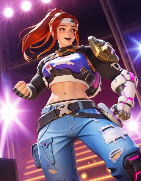 Masterpiece, high-res, 2k, best quality,   1 girl,  brig kpop, brigitte (overwatch) , at a concert stage  <lora:Brig kpop illus-000035:1>